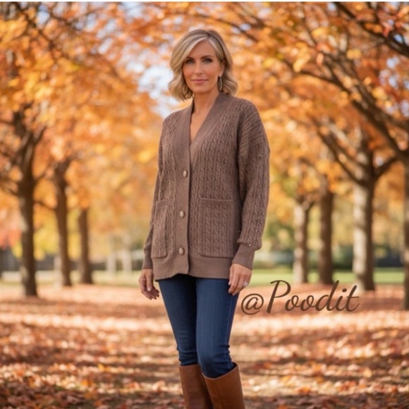 thinkable Sweaters - THINKABLE gem button front cable knit mocha cardigan combo size S/M M/L